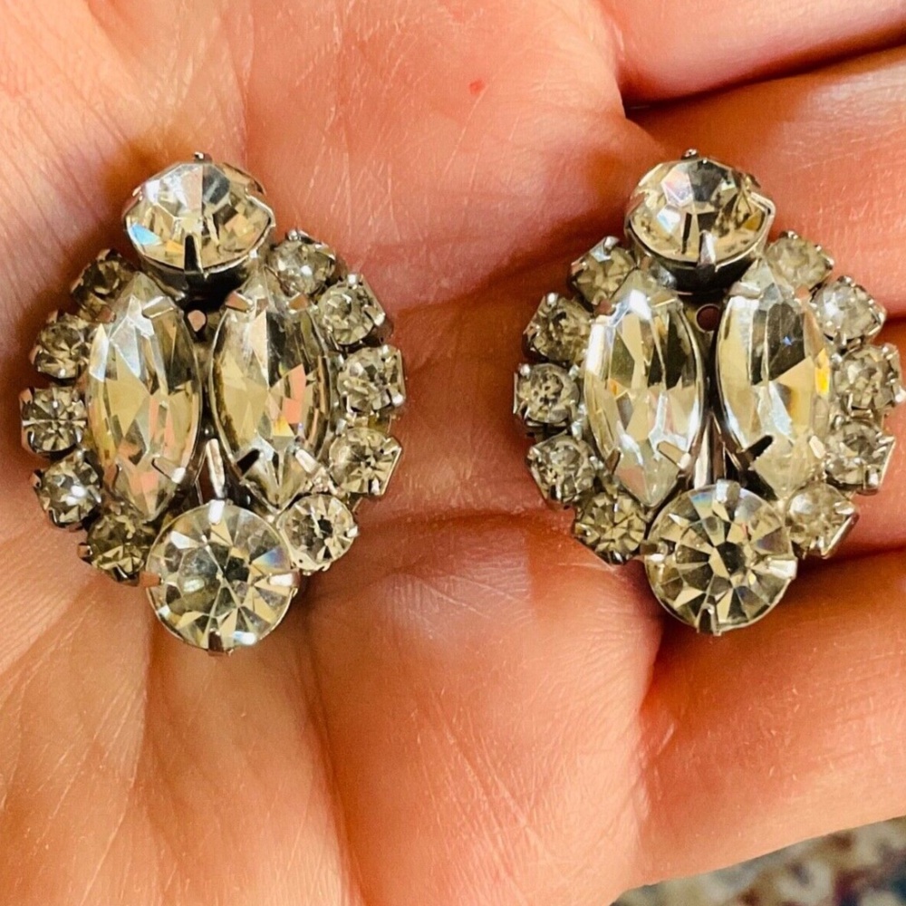 Vintage Rhinestone Clip On Earrings 1.25" Cluster Round & Marquise Shaped